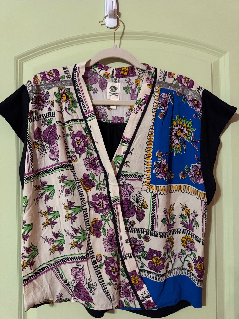 Floral Patchwork Short Sleeve Blouse - Purple/Blue
